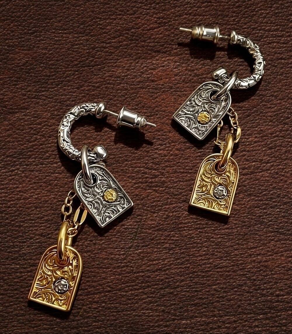 Artisan Hoop Lock Charm Earrings Sundance Stud Boho Scrollwork Chain Retro VTG